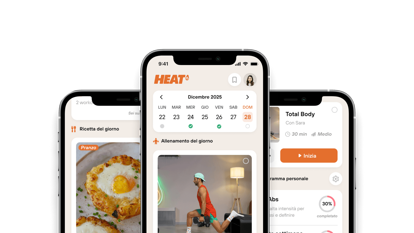 App HEAT su smartphone: calendario, allenamenti e ricette